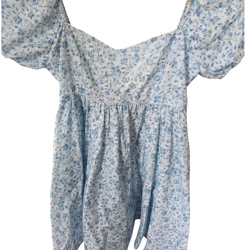 Altar'd State Davinly Floral Mini Dress Blue White Puff Sleeve Cotton Medium - Picture 4 of 7